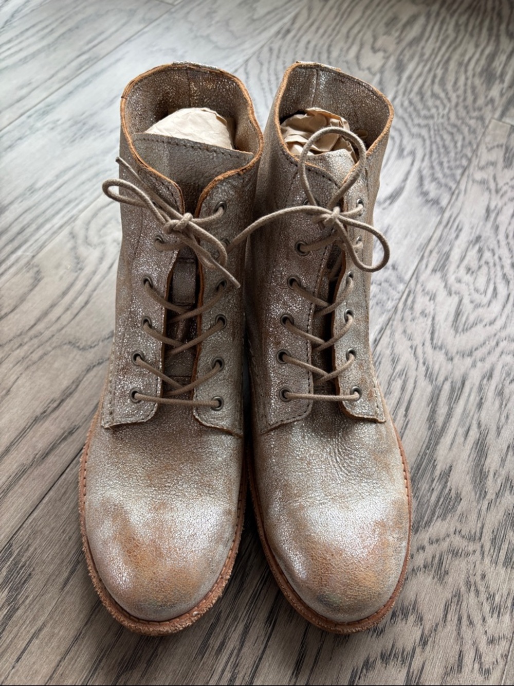 Miz Mooz  Glitter Lace-Up Leather Ankle Boots - Taupe Metallic